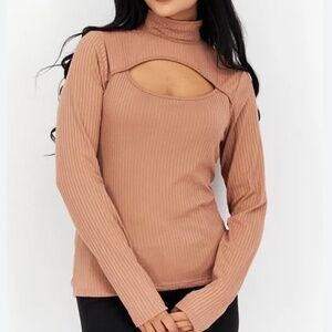 INTERNATIONAL CONCEPTS (INC) Open Neck Ribbed Mocha Mock Top S